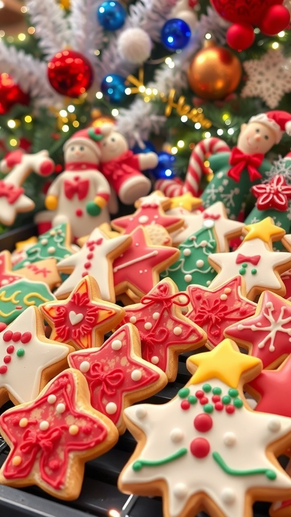 A variety of decorated Japanese Christmas cookies in festive shapes, displayed with holiday decorations.